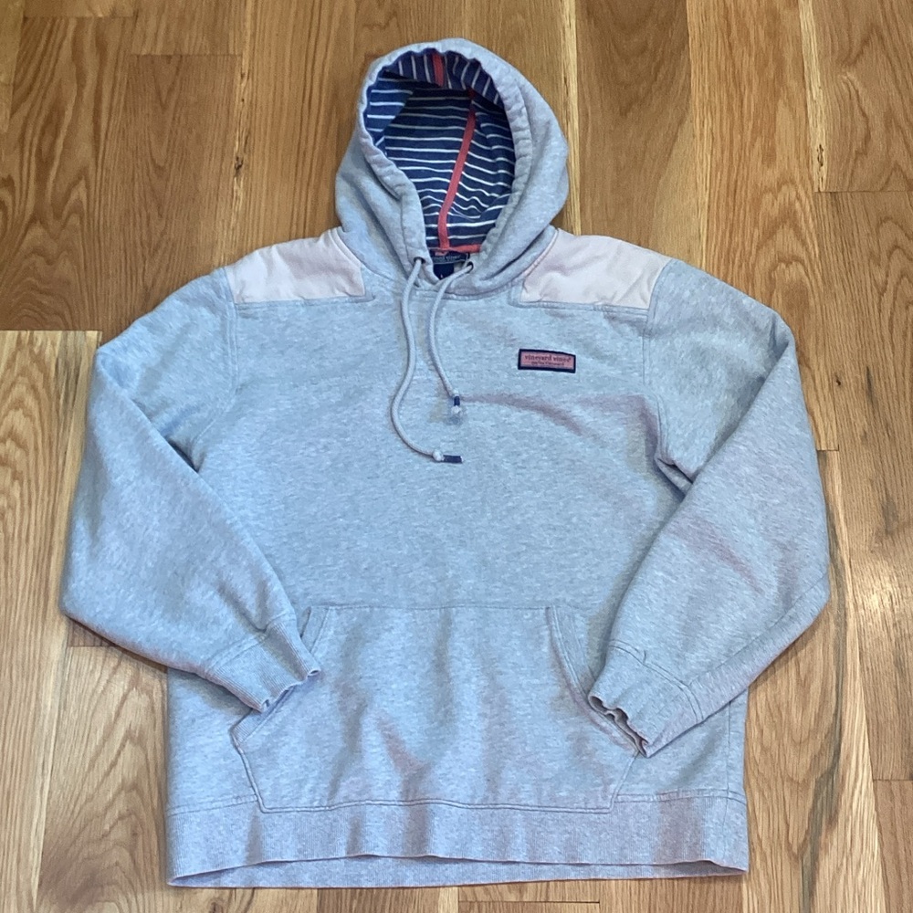 Vineyard Vines Heather Gray Pullover Hoodie with Navy Striped Lining